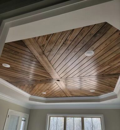 Wood Accent Ceiling Ideas, Dining Room Ceiling Ideas, Painted Coffered Ceiling, Wood Ceiling Ideas, Ceiling Shiplap, Shiplap Ceilings, Ceiling Accents, Patio Ceiling, Ceiling Remodel