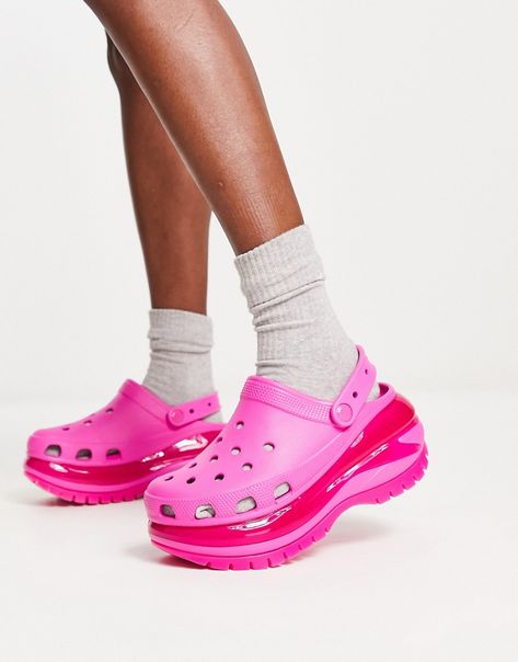 Pink Platform Crocs, Crocs Platforms, Bejeweled Shoes, Crocs Mega Crush, Croc Platforms, Clog Outfit, Platform Crocs, Pink Crocs, Crocs Clogs