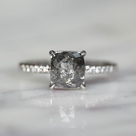 Salt And Pepper Ring, Salt And Pepper Diamond Ring, Pepper Diamond Ring, Cushion Cut Diamond, Wedding Rings Solitaire, Unique Diamond Rings, Bridal Ring Sets, Diamond Engagement Ring Set, Wedding Rings Unique