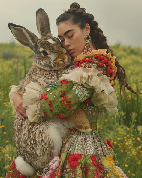 You’ve heard of puppy love, but what about bunny love? 🐰 This is my post for Spring/Ostara for @the_clone_supper #chxrchchallenges AND @blursed_montage #landofblursed Such fun challenges from both of them always! #midjourneyfashion #aifashion #spring #midjourney #midjourneyv6 #midjourneyblend #midjourneysref #midjourneycommunity #aiartcommunity #easter #midjourneygallery #midjourneyportaits #midjourneyportrait #midjourneyanimals #midjourneycreations #midjourneycreature #midjourneyprompt #p... Pose With Animal, Art Reference Animals, Photo References For Drawing, Looking Up Pose, People With Animals, Spring Character, Poses Fun, Surreal Art Painting, Bunny Photo