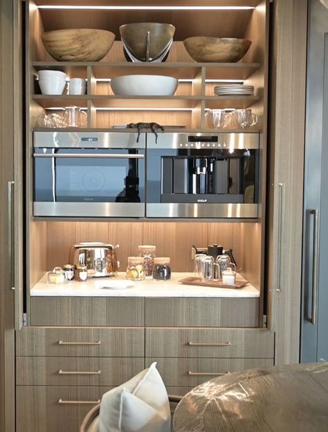 Rebecca Robeson (Kinwoven) Hidden Breakfast Bar Kitchen, Hidden Breakfast Bar, Breakfast Bar Cupboard, Rebecca Robeson Design, Rebecca Robeson, Reno Kitchen, Robeson Design, Built In Coffee Maker, Kitchen Larder