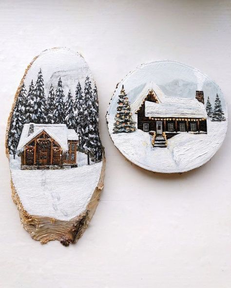 Christmas Paintings On Wood, Winter Christmas Scenes, Acrylic Painting Inspiration, Artsy Gift, Circle Painting, Wood Slice Art, Small Canvas Paintings, Wood Painting Art, Winter Wood