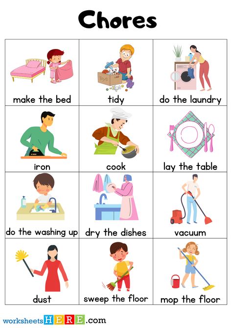 Household Chores Pictures, House Worksheets For Kids, Chores Worksheet, Household Chore List, Household Chores List, Letter W Activities, Chores List, Preschool Rules, Clean The Bathroom