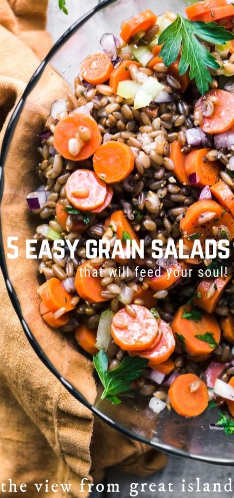 5 Easy Whole Grain Salads are hearty, healthy and vegan-friendly. They'e easy enough to pull together for a weeknight dinner, gorgeous enough for special occasions, and the leftovers make the BEST packable lunches! #healthy #sidedish #ryeberries #wheatberries #crackedwheat #bulgur #quinoa #ancientgrains #vegan #vegetarian #recipe #wildrice #blackrice #salad #wholegrain    via @https://www.pinterest.com/slmoran21/ Healthy Grain Salads, Fall Salad Quinoa, Harvest Salad With Quinoa, Bulgur Wheat Salad Recipes, Quinoa And Bulgar Wheat Salad, Lunches Healthy, Grain Salad Recipes, Packable Lunches, Fiber Rich Fruits