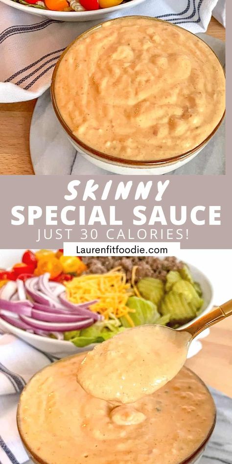 This Low Calorie Special Sauce has the delicious tang of In-N-Out's, but lightened up! Enjoy with burgers, chicken, fries, without the guilt! Che Recipe, Macros Meals, Warrior Babe, Lauren Fit Foodie, Nutritional Meals, Low Calorie Sauces, Burgers Chicken, Chicken Fries, Macro Recipes