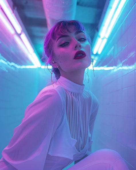 Neon Nights 💖 #huely2024 @nickocreates.ai Neon Light Drawing, Photography Figure, Neo Futurism, Neon Photoshoot, Neon Photography, Light Shoot, Purple Lighting, Portrait References, Reference Photos For Artists