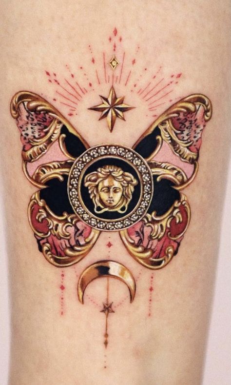 Rose Gold Tattoo Ink, Gold And Black Tattoo, Rome Inspired Tattoos, Gold Ink Tattoo, Black And Gold Tattoo, Gold Tattoo Ink, Rose Gold Tattoo, Gem Tattoo, Jewel Tattoo