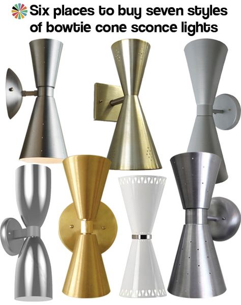 six great sources for seven styles of midcentury style double cone lights aka “bowtie” sconces — all made in the USA and ranging in price from $79-$205 each. Modern Exterior Lighting, Mid Century Light Fixtures, Mid Century Outdoor, Mid Century Exterior, Exterior Light Fixtures, Mcm Design, Retro Renovation, Crash Pad, Modern Outdoor Lighting