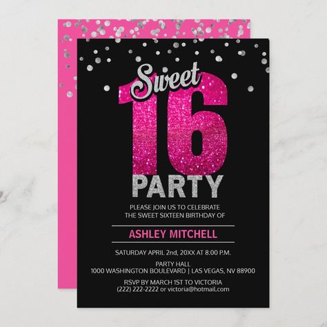 Hot Pink Glitter Sparkles SWEET SIXTEEN 16 Party Invitation Sweet 16 Party Invitations, Pink Sweet 16, Sweet 16 Themes, Hot Pink Glitter, Fun Invitations, Glitter Invitations, Sweet Sixteen Parties, 2nd Birthday Invitations, Silver Party