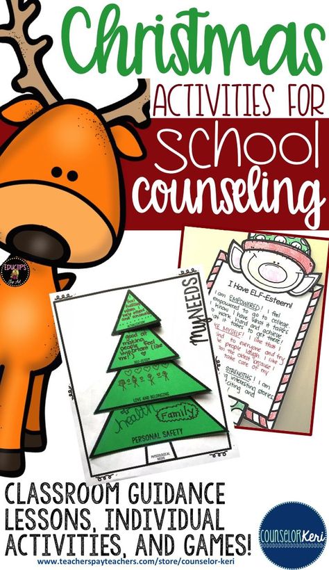 Christmas activities for elementary school counseling - classroom guidance lessons, individual activities, self esteem activities, games, and more! -Counselor Keri Games Elementary School, Christmas Activities For Elementary, Counseling Crafts, Christmas Therapy, Social Work Activities, Counseling Classroom, Counselor Keri, Counseling Games, Coping Skills Activities