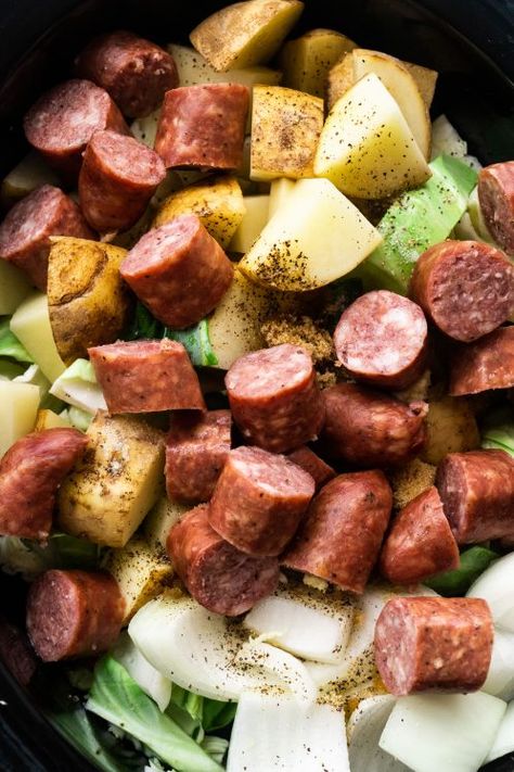 Beef Kielbasa, Kielbasa Cabbage, Cabbage Slow Cooker, Aip Meals, Slow Cooker Kielbasa, Kielbasa And Cabbage, Slow Cooker Green Beans, Sausage Crockpot, Sausage Dinner