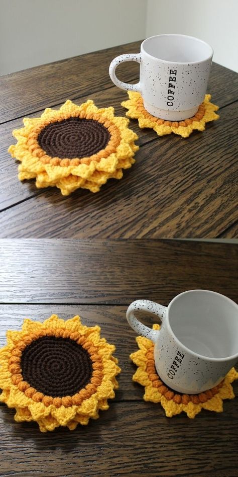 Sunflower Coasters, Crocheted Coasters, Crochet Coasters Free Pattern, Crochet Coaster Pattern, Crochet Sunflower, Crochet Clutch, Fun Crochet Projects, Diy Crochet Projects, Crochet Coasters