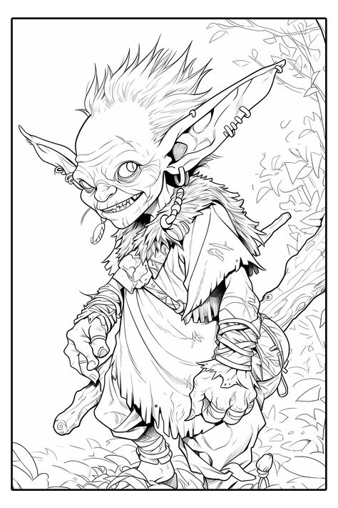 Dnd Character Coloring Pages, Satanic Coloring Pages, Goblins Drawing, Goblin Coloring Pages, Tiefling Coloring Page, Fae Coloring Pages, Coloring Pages For Adults Fairy, Adult Coloring Books Printables, Fantasy Drawings