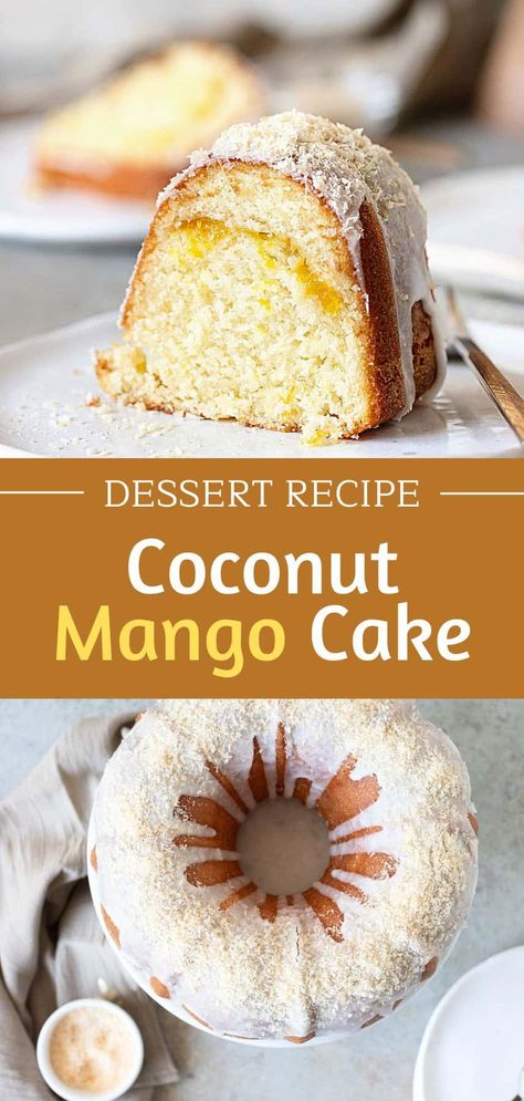 Sweet and tender, this tropical bundt cake has coconut in the batter, rum, a fresh mango swirl and a coconut glaze. The individual flavors blend in a unique cake that tastes amazing without one overpowering the other. It's simple to make, keeps well for a few days and can be frozen. Tropical Cake Recipes, Coconut Rum Cake, Mango Bundt Cake, Mango Bundt Cake Recipes, Mini Coconut Bundt Cake, Coconut And Mango Cake, Mini Rum Cakes Bundt Pans, Tropical Cake, Mango Flavored Cake