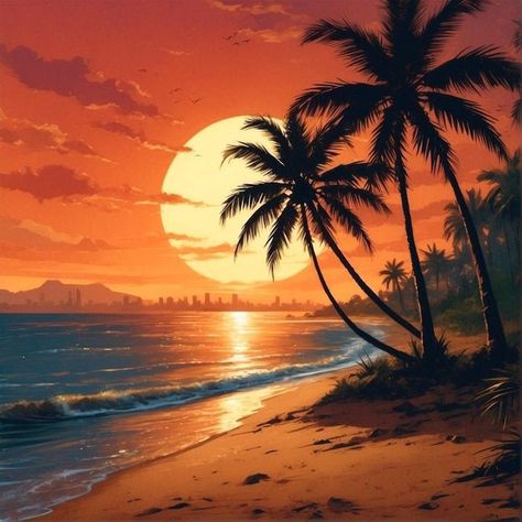 Tropical Island Art, Beach Landscape Art, Hawaii Landscape, Hibiscus Tattoo, Batman Pictures, Palm Tree Art, Scenery Photos, Sunset Silhouette, Tropical Sunset