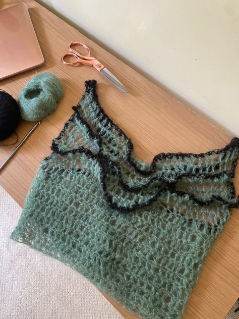 A crochet free hand mohair green top, with black contrasting curvy stitches Mohair Tank Top, Crochet Mohair Top, Crochet Tank Top, Crochet Tank, Green Tops, Mock Neck, Crochet Clothes, Crochet Top, Crochet Projects