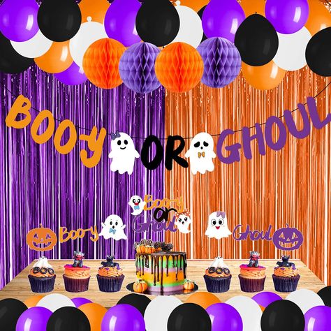 Gender Reveal Halloween Theme, Booy Or Ghoul, Gender Reveal Halloween, Halloween Gender Reveal Party, Halloween Theme Decoration, Themed Gender Reveal, Halloween Gender Reveal, Topper Halloween, Gender Reveal Party Theme