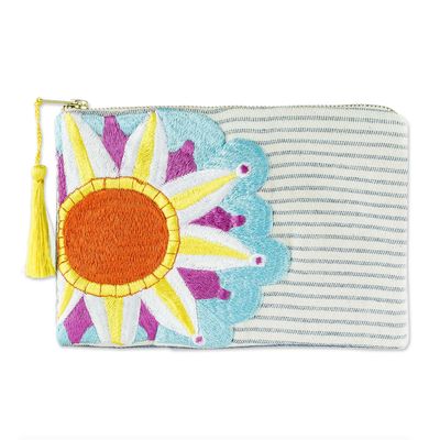 UNICEF Market | Sun Motif Embroidered Cotton Denim Cosmetic Bag - Sky Blue Sunshine Sun Motif, Goldenrod Yellow, Cotton Handbag, New Africa, Leather Silver, West Africa, Mens Accessories Fashion, Punch Needle, Casual Street Style