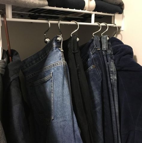 If you don’t have enough hangers, an easy fix is to use shower curtain hooks! They take up less space and are especially ideal for hanging clothes with a loop -- like jeans or jackets. Foam Noodles, Closet Hacks, House Chores, Suspender Clips, Koh Chang, Shower Hooks, Tension Rod, Bottle Top, Hanging Clothes