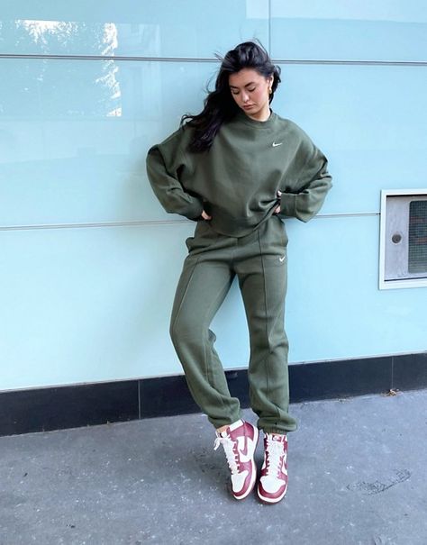 Nike mini swoosh oversized jogger in khaki | ASOS Nike Tracksuits Woman, Nike Joggers Outfit Women, Nike Tracksuit Outfit Women, Nike Tracksuit Outfit, Nike Track Pants Outfits, Nike Joggers Outfit, Tracksuit Outfit Women, Nike Tech Joggers, Joggers Outfit Women