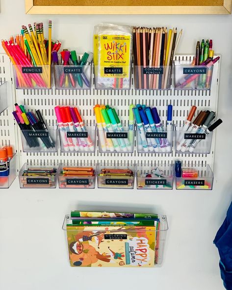 From pegboards to drawers to carts, arts and crafts supplies are all sorted and ready for creativity to flow 🎨✂️ Swipe through for organization inspiration ✨ #artsandcrafts #craftorganization #charlottehomes Art Supply Wall Organization, Kids Art Supply Wall, Stationary Room, Craft Wall Organizer, Art Supplies Organizer, Kids Art Corner, Art Materials Organization, Preschool Classroom Layout, Art Nook