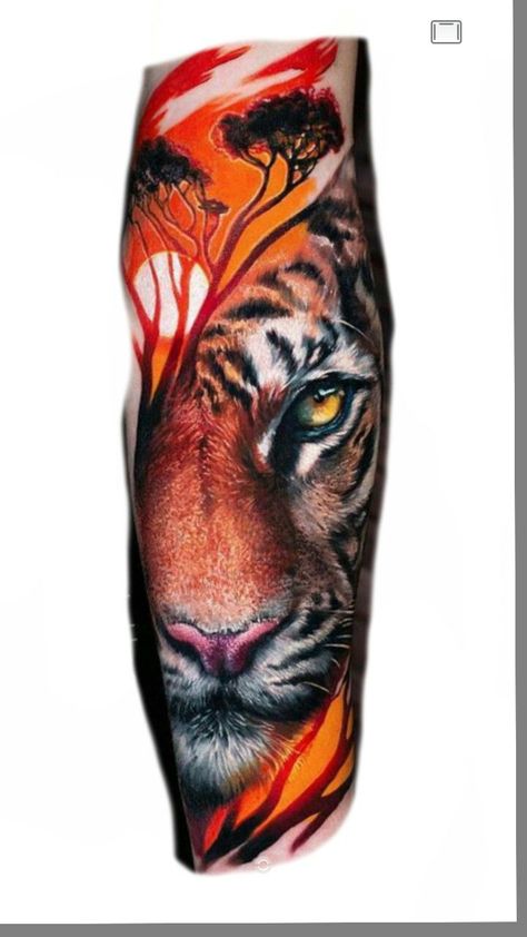 Tiger Tattoo Color, Colorful Lion Tattoo, Cool Nature Tattoos, Tattoo Bunt, Nature Tattoo Ideas, Art Tigre, Geometric Mandala Tattoo, Half Sleeve Tattoos Drawings, Cool Nature