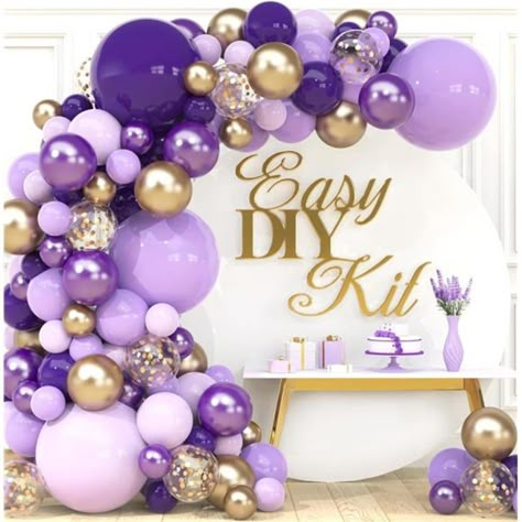 Everything You Need In 1 Kitmake Your Party Come To Life With A Big Beautiful Balloon Garland! Dress Up Your Purple And Gold Birthday Decorations Or Graduation With This Purple And Gold Balloon Arch Kit. Contain 100 Lavender, Dark Purple, Pastel Purple, Purple And Gold Balloons And Accessories All In 1 Kit. Plus, You Get Step-By-Step Video Instructions For Creating Your Purple And Gold Balloons Garland Kit. You Will Be Shocked At How Fast And Easy It Is To Assemble, Even If It’s Your 1st Time! E Lilac Party Decorations, Purple And Gold Balloons, Purple Gold Birthday, Purple And Gold Birthday, Lilac Party, Tying Ribbon, Balloons Purple, Gold Balloon Arch, Diy Balloon Arch