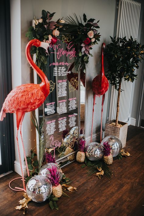 Flamingo Wedding Decor, Lets Flamingle, Mirror Centerpiece, Palm Springs Party, Flamingo Wedding, Havana Nights Party, Table Placement, Tablescape Wedding, Tropical Glam