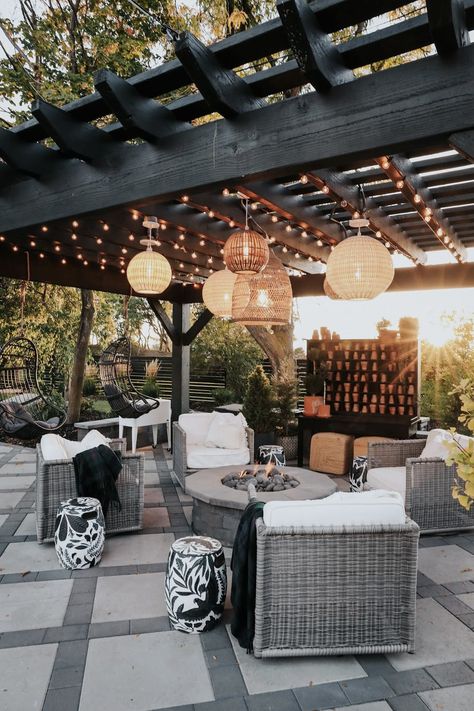 Black Pergola, Nesting With Grace, Pergola Lighting, We Shed, Outdoor Pendant Lights, Outdoor Tv, Pergola With Roof, Wallpaper Accent Wall, Patio Lighting