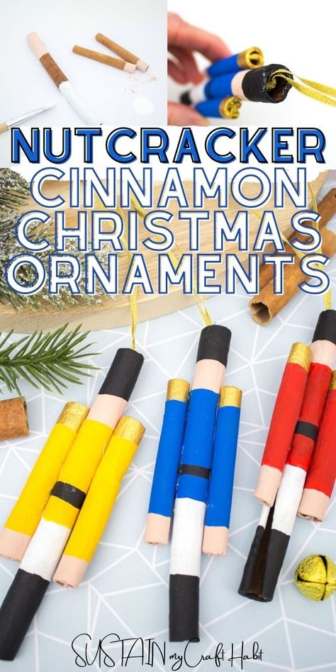 Make your own set of adorable and colorful nutcracker cinnamon stick ornaments to hang on your Christmas tree this year. Colorful Nutcracker, Cinnamon Stick Ornaments, Homemade Christmas Crackers, Cinnamon Sticks Ornaments, Stick Ornaments, Cinnamon Sticks Christmas, Diy Snowman Decorations, Cinnamon Ornaments, Small Gifts For Friends