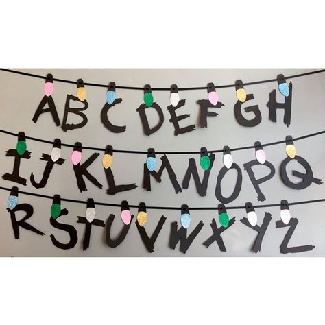 Stranger Things Party Backdrop, Halloween Party, Spooky decor, photo... ($36) ❤ liked on Polyvore featuring home, home decor, holiday decorations, inspirational home decor, halloween home decor, holiday wall decor, interior wall decor and home wall decor Stranger Things Halloween Party, Colored String Lights, Stranger Things Birthday, Stranger Things Theme, Halloween Party Spooky, Cool Backdrops, Stranger Things Party, Stranger Things Premiere, Stranger Things Halloween