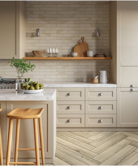 Kitchen Backdrop Tiles, Grey And Neutral Kitchen, Sage Tiles Kitchen, Stone Colour Kitchen, Natural Earthy Kitchen, Beige Kitchen Walls, Country Kitchen Backsplash Ideas, Neutral Kitchen Backsplash, Neutral Kitchens