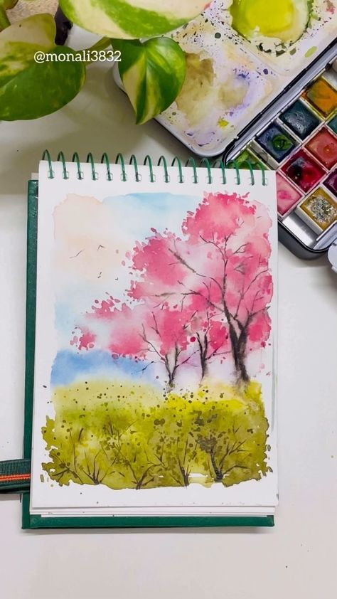 Monali | Watercolour Artist (@monali3832) • Instagram photos and videos Watercolour Landscape, Watercolor Tree, Spring Landscape, I Am Ready, Art Drawings Sketches Creative, Easy Watercolor, Painting Videos, Cute Easy Drawings, Watercolor Inspiration