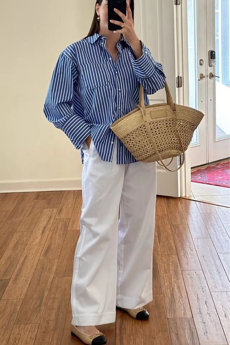 Max Shirt curated on LTK Blue And White Striped Shirt Outfit Summer, Navy Shirt Outfit, Blue And White Striped Shirt Outfit, Poplin Shirt Outfit, Blue Blouse Outfit, White Striped Shirt Outfit, Classic Summer Outfits, 70s Inspired Outfits, Shirt Outfit Summer