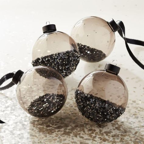 Smoke Glass Black Sequin Ornaments Christmas Tree Decorations Silver, Wrapping Hacks, Black Christmas Tree Decorations, Glam Christmas Tree, Black Christmas Decorations, Black Christmas Tree, Sequin Ornaments, Modern Christmas Ornaments, Glam Christmas