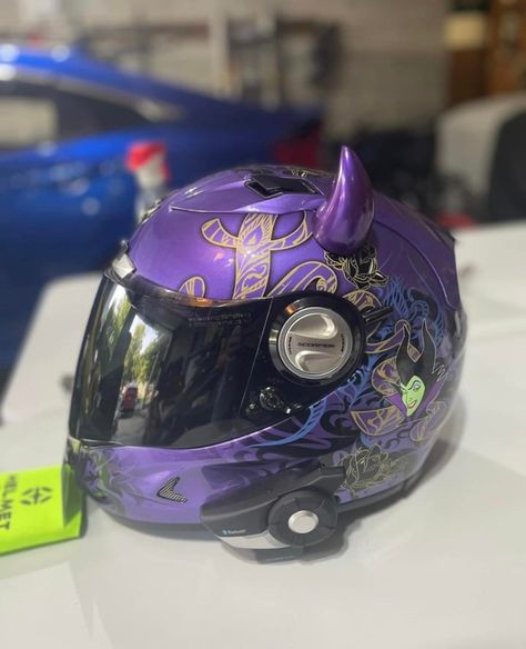 Neon Motorcycle Helmet, Neon Motorcycle, Biker Helmets, Devil Horns, Purple Style, Fancy Cars, Snow Sports, Motorcycle Helmet, Helmet Accessories