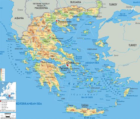 Detailed physical map of Greece with cities, roads and airports. Greek Islands Map, Map Of Greece, Planning Trips, Meteora Greece, Greece Map, Balkan Peninsula, Physical Map, Tourist Map, Italy Map