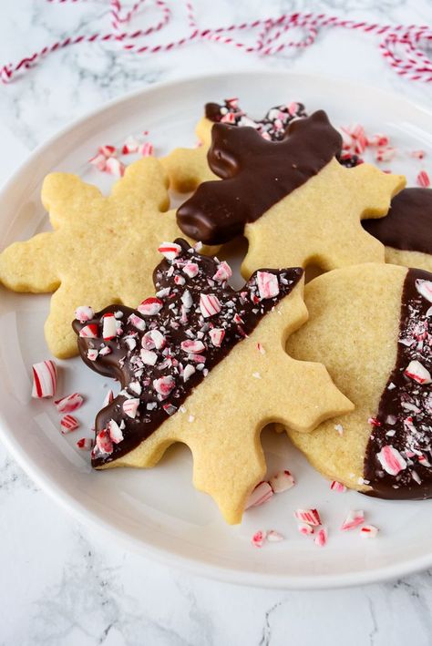 These Chocolate Dipped Sugar Cookies are the perfect treat to kick off Christmas cookie season. They're simple to make with just a handful of ingredients. They're slightly crispy on the outside and chewy on the inside. Dipped in melted chocolate and sprinkled with crushed candy canes, they're sure to impress this holiday season! Gingerbread Dipped Cookies, Chocolate Dipped Gingerbread Cookies, Christmas Dipped Cookies, Chocolate Dipped Christmas Cookies, Easy Christmas Sugar Cookie Designs, Chocolate Dipped Sugar Cookies, Dipped Sugar Cookies, Mini Christmas Cookies, Christmas Sugar Cookie Designs