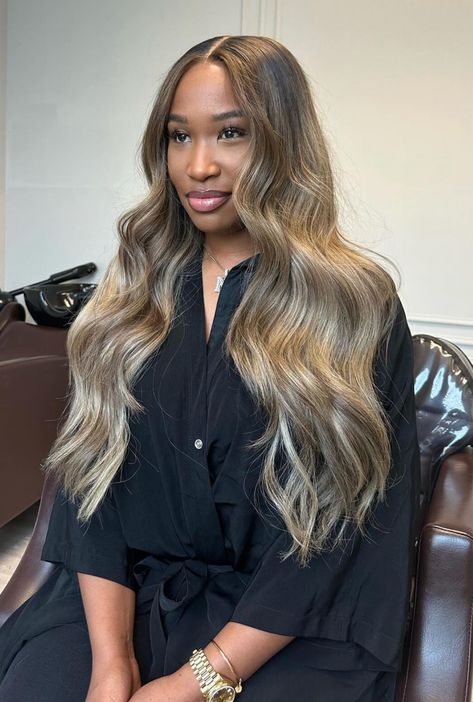 Honey Blonde Extensions Black Women, Bayalage Blonde Black Women, Fall Blonde Hair Color Black Women, Blond Quick Weave Black Women, Deep Wave With Highlights, Rihanna Honey Blonde Hair, Cool Toned Blonde Hair Black Women, Savanna James Hair, Brown And Blonde Dimensional Hair