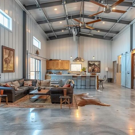 Industrial interior. Not bad. #barndominiumplans #barndoenvy #barndominiumenvy #barndominiumexperts #barndominiumfloorplans #canada #barndominium #barndoenvy #bandoandco Temporary Shop House Interior, Open Barndominium Interior, Shop Hangout Ideas, Living Quarters In Shop Metal Buildings, Small Shop House Interior, Industrial Barndominium Interior, Small Barndominium Interior, Inside Barndominium Interior Design, Barndo Interior Ideas