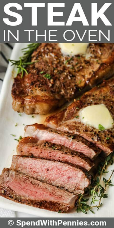 Tender steak in the oven is a quick and easy meal that's elegant too! Whether cooking a sirloin, flank steak, ribeye or T bone, this recipe will show you how to bake steak to perfection. #spendwithpennies #steakintheoven #entree #recipe #howtobake #cooking #howtomake #castiron #baking #easy #best #skillet #tender #howlong #infoil #perfect #mediumrare Baked Sirloin Steak Oven, What To Do With Ribeye Steak, Flank Steak Oven Recipes, Tender Steak In Oven, Steak Baked In Oven, Baking Steak In Oven, Bake Steak In Oven, Oven Baked Steak Recipe, How To Bake Steak