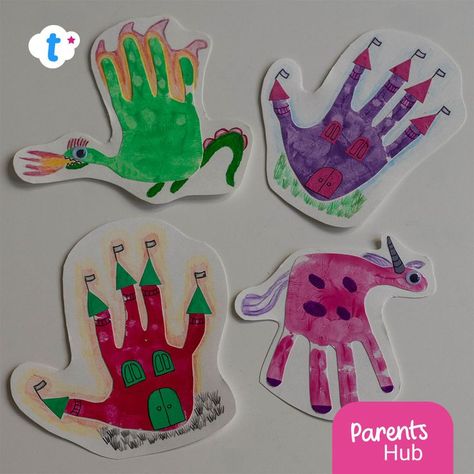 Why not enjoy some fantasy-themed hand printing? Create painted prints and transform them into unicorns, dragons or castles! #kidshandprints #handprints #fantasy #dragoncraft #castlecraft #unicorncraft #fantasyhandprints Fantasy And Fairytale Preschool, Fairytale Arts And Crafts, Fairytale Ideas For Preschool, Dragon Handprint Craft, Dragon Arts And Crafts For Kids, My Imagination Preschool Theme Crafts, Fairy Tale Art For Toddlers, Dragon Art Preschool, Dragon Toddler Craft