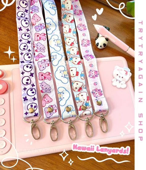 "5 Kawaii Aesthetic Lanyard Choices! These cute anime themed Pastel lanyards work perfectly for clipping to ID holders, keys, wallets! They are 17\" long folded over & 1\" wide with silver rotating snap hook." Aesthetic Lanyard, Lanyard Aesthetic, Id Lanyard, Work Badge, Kawaii Aesthetic, Cute Anime, Id Holder, Pastel Aesthetic, Minneapolis