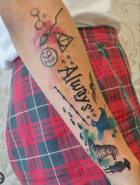 Harry Potter Tattoo Sleeve, Harry Tattoos, Nerdy Tattoos, Hp Tattoo, Potter Tattoo, Tattoos Mandala, Harry Potter Tattoo, Harry Potter Tattoos, Arrow Tattoos