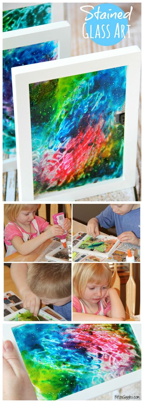 Stained Glass Art - A super simple project that uses glue and food coloring to produce breathtaking results! Glue And Food Coloring, Dinner Design, Art Project For Kids, L'art Du Vitrail, Project For Kids, Art Stained, Crafty Kids, Preschool Art, Stained Glass Art