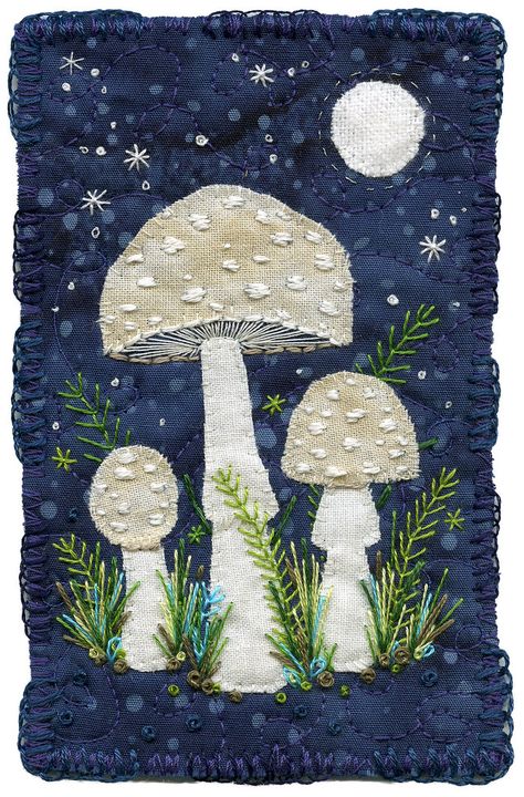 Elegant Beauties | Some wee embroidered mushrooms under the … | Flickr Mushroom Textile Art, Fabric Pictures Diy Wall Art, Fabric Applique Ideas, Sewing Mushroom, Textile Art Ideas, Mushroom Applique, Embroidered Mushrooms, Simple Applique, Uppercase Magazine