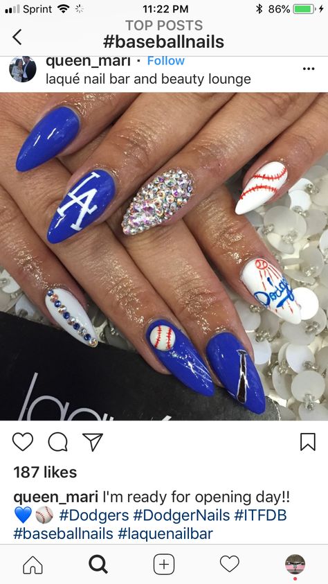 Baseball Inspired Nails, Baseball Themed Nails, Dodger Nails, Baseball Nail Designs, Baseball Nails, Cute Acrylic Nail Designs, Beauty Lounge, Funky Nails, Nail Paint