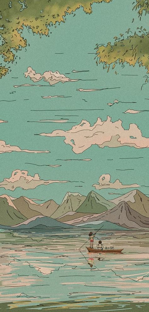 Anime Style Wallpaper Iphone, Mountain Wallpaper Drawing, Aesthetic Mountain Drawing, Mountain Anime Wallpaper, Aesthetic Green Wallpaper Anime, Boat On A Lake Painting, Anime Cottagecore Wallpaper, Anime Mountain Background, Mountain Drawing Wallpaper