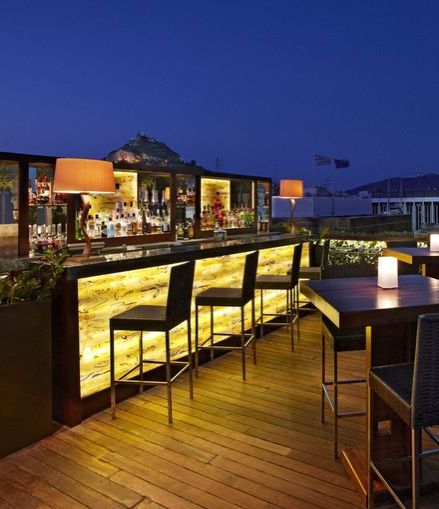 World's Best Restaurant Views: GB Roof Garden Restaurant and Bar, Athens, Greece Rooftop Bar Design, Bar Counter Design, Roof Garden Design, Bar Exterior, Luxury Collection Hotels, Rooftop Terrace Design, Garden Restaurant, Rooftop Design, Counter Design