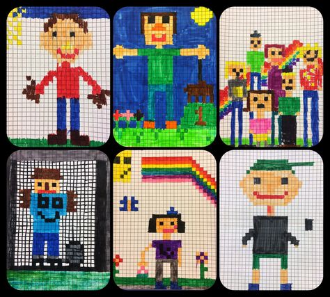 BES Art: grade 2 Pixel Art Lesson, Pixel Art For Kids, Pixel Portrait, Art Sub Lessons, Camp Projects, Sunshine Art, City Scapes, Art Pixel, Graph Paper Art